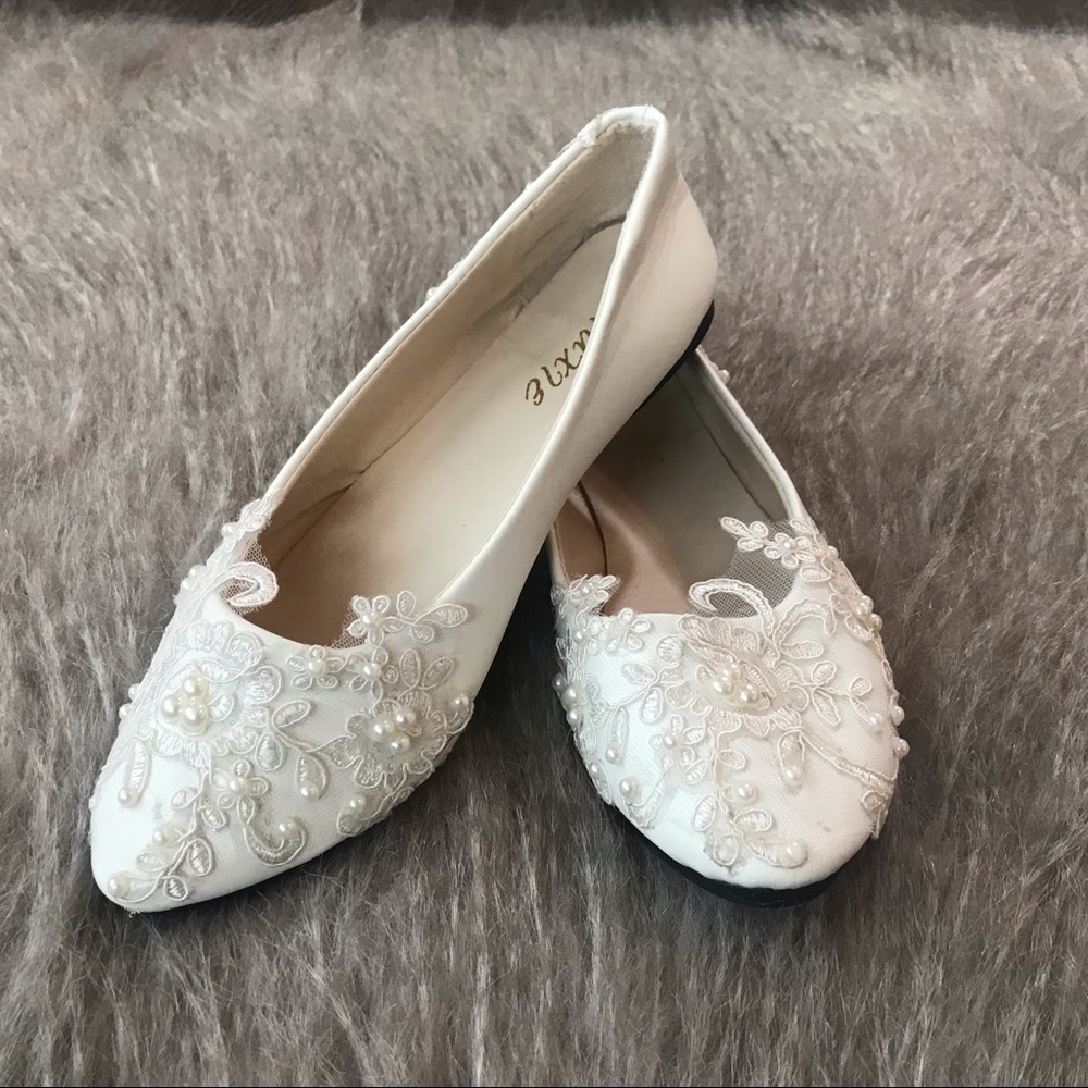 Ivory/ white lace and pearl flats for bride